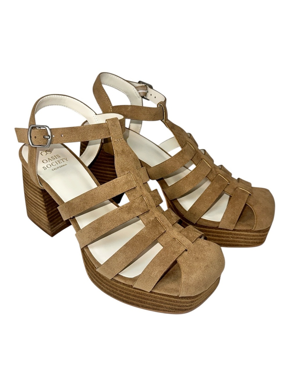 Oasis Society Hailee Khaki Platform Block Heel Caged Sandals Size 8